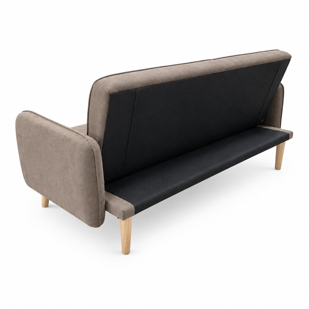 Gray sofa bed opened into a bed with dark interior backrest, padded arms, wooden legs