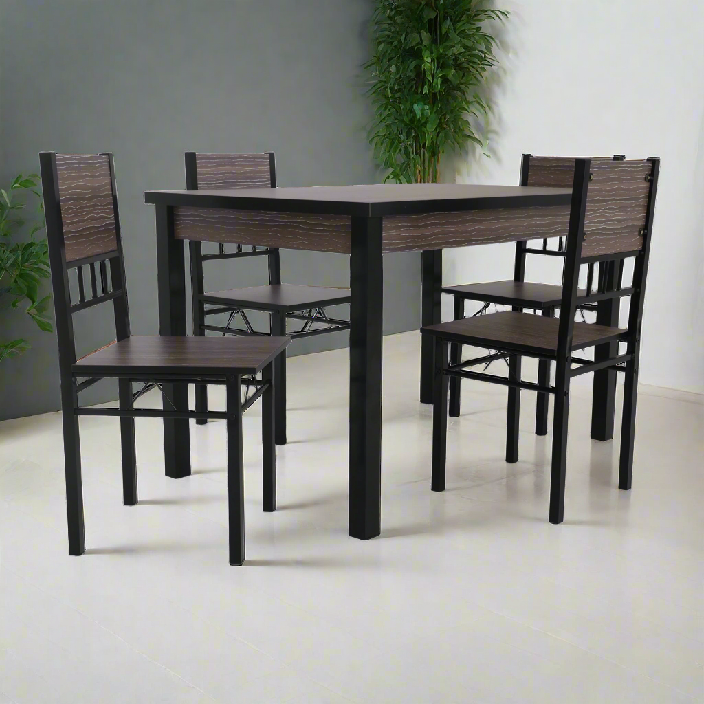Dark wood dining set with rectangular table and four ladder-back chairs, side view