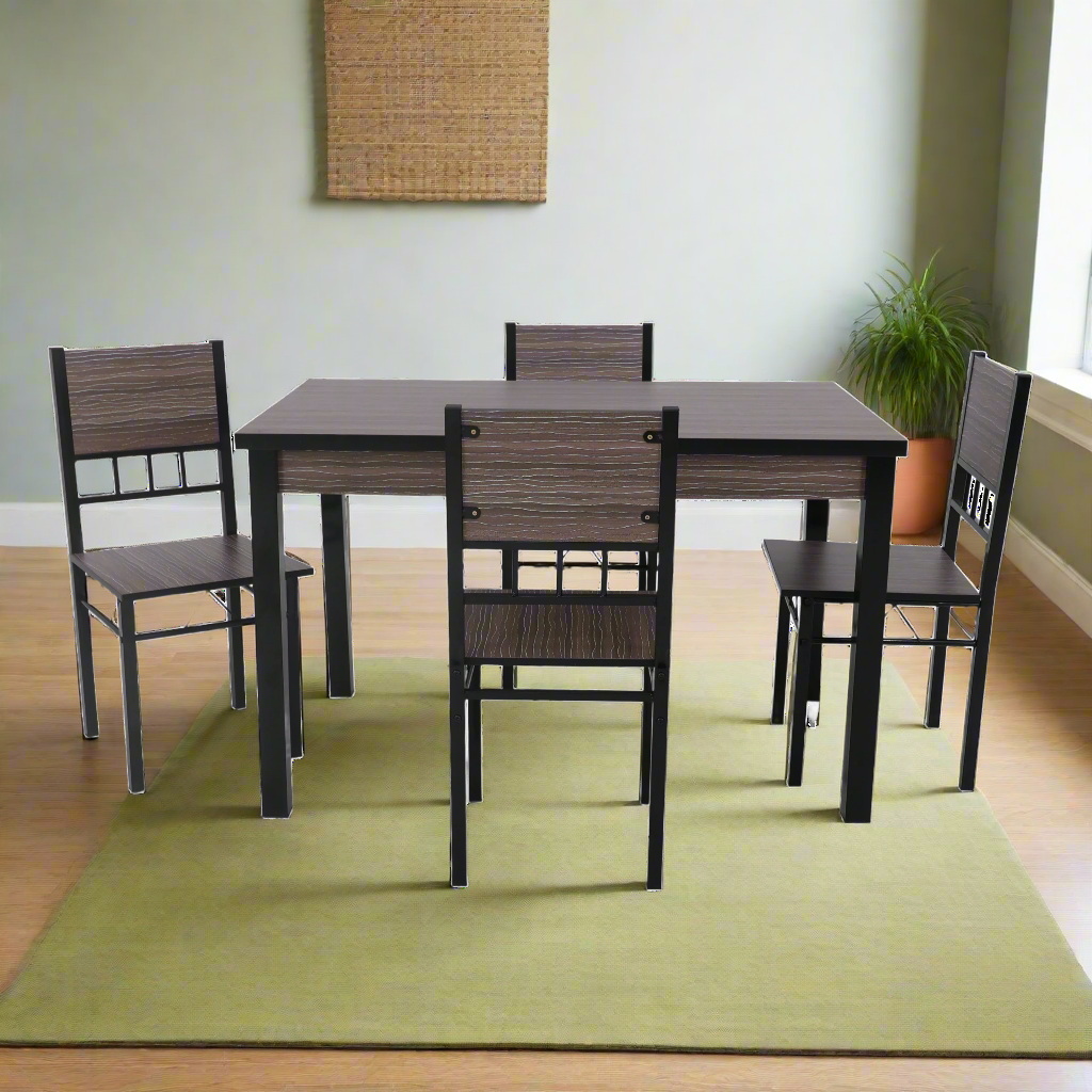 Dark wood dining set with rectangular table and four ladder-back chairs, front view