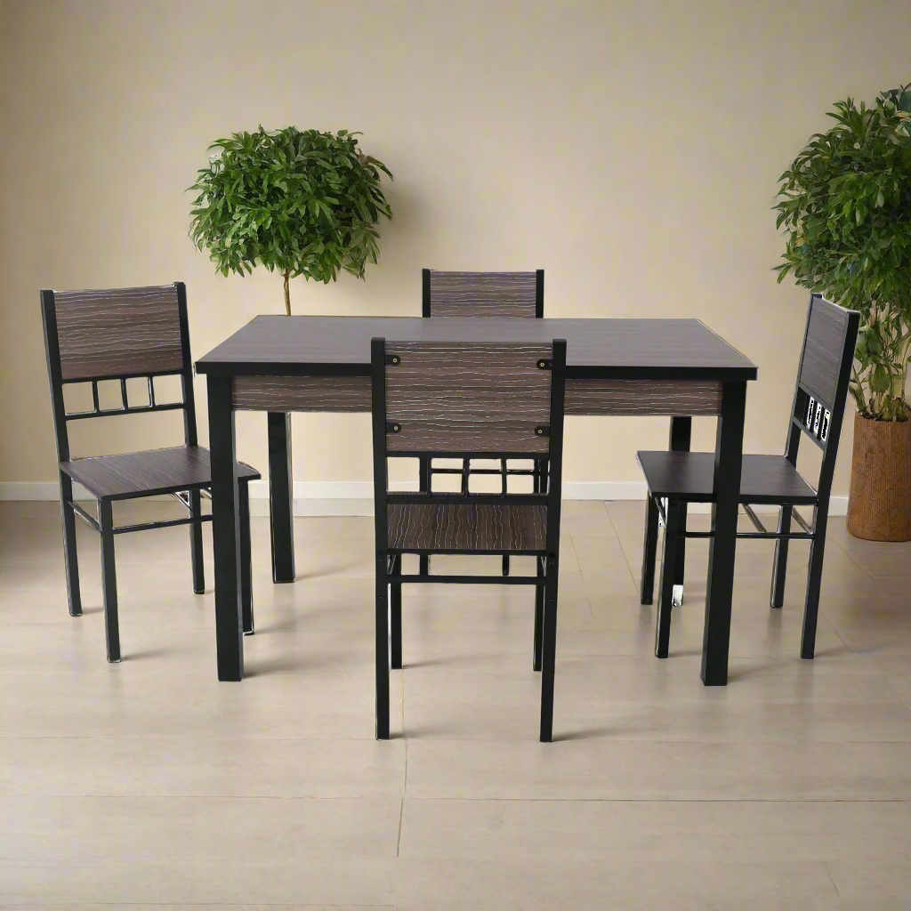 4-seater dining set with dark wood table and four matching ladder-back chairs