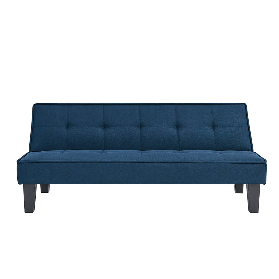 Blue sofa bed with tufted headboard, padded seat cushion, dark wooden legs
