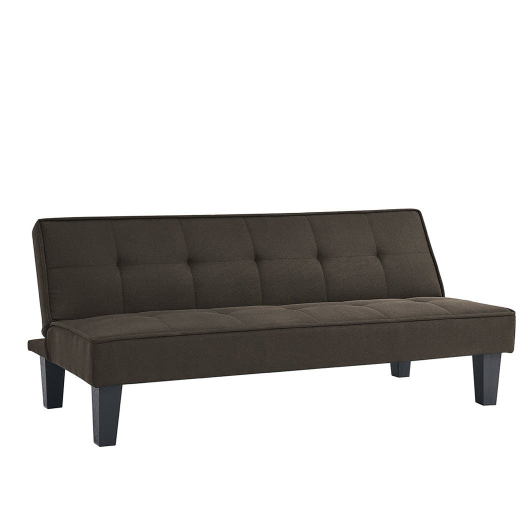 Grey sofa bed with button-tufted back panel and cushioned seat, angled legs
