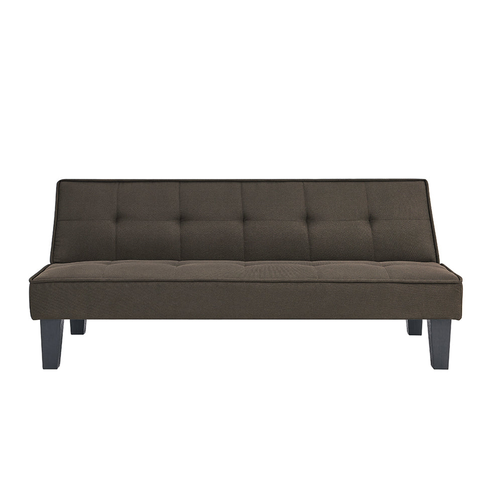 Grey sofa bed with tufted backrest and upholstered seat, dark wooden legs