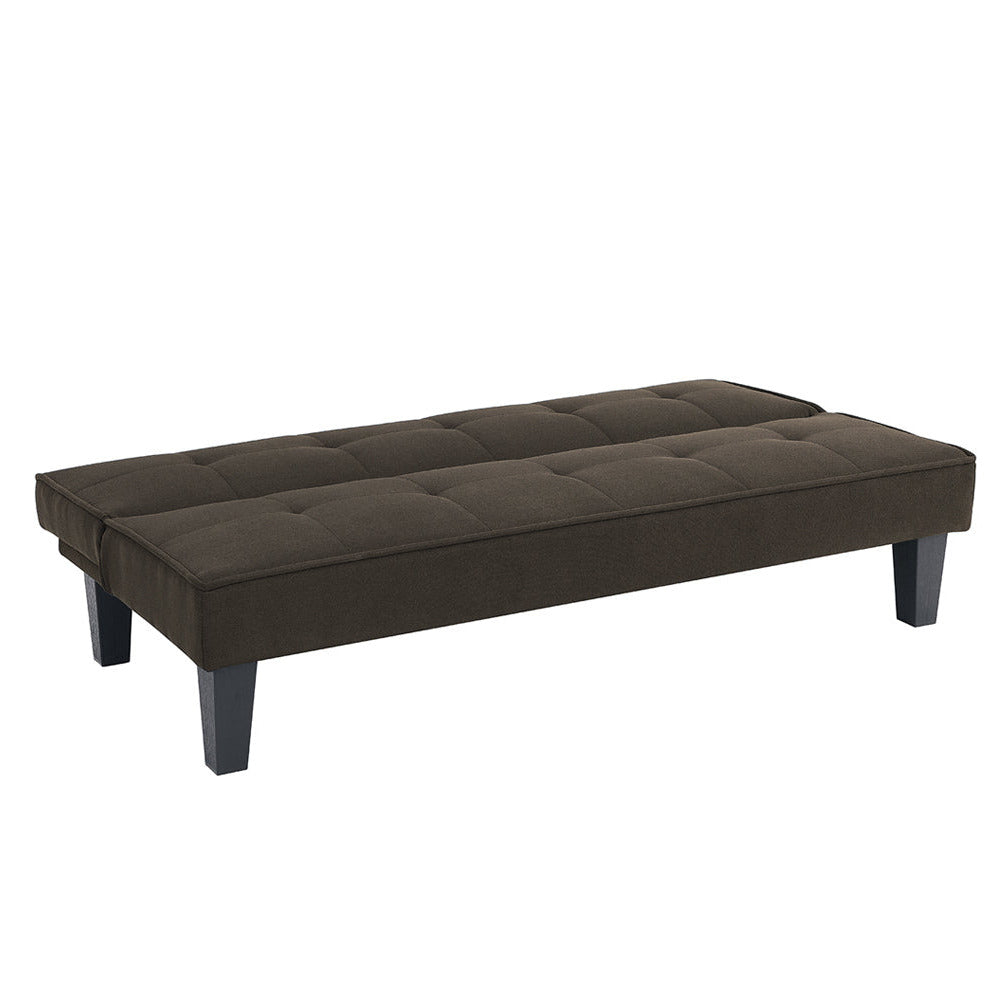 Brown sofa bed with quilted mattress top and tufted backrest, dark legs