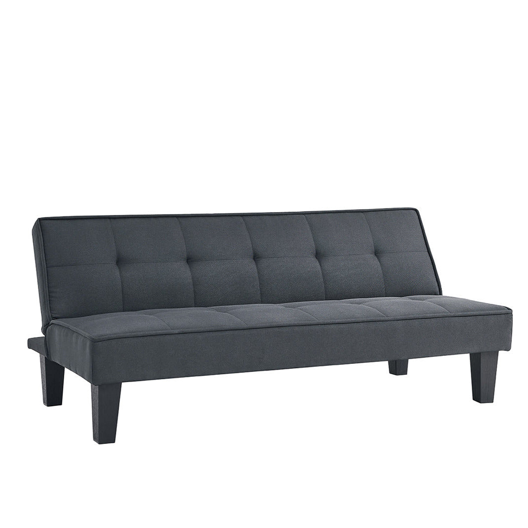 Dark grey sofa bed with tufted backrest and padded seat, angled wooden legs