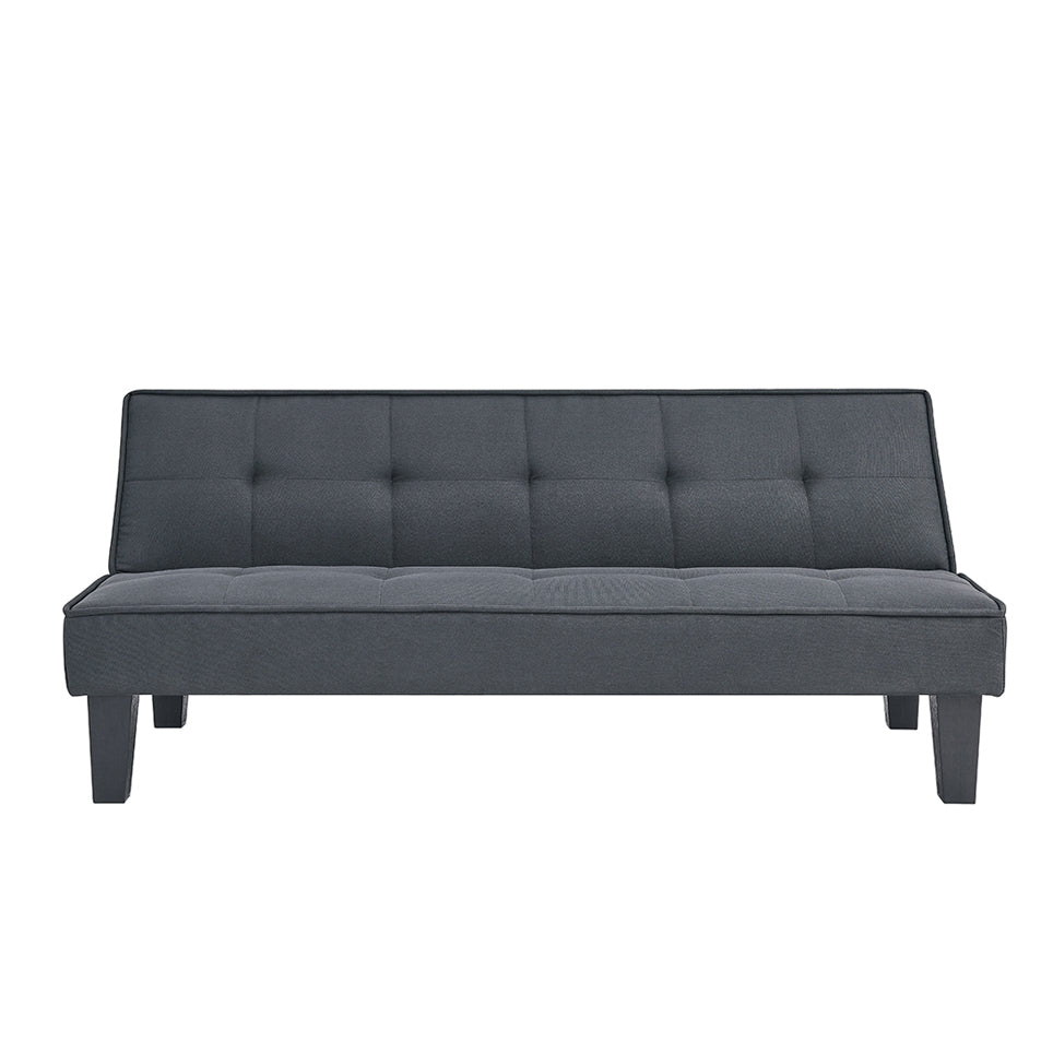 Grey sofa bed with tufted headboard and cushioned seat, sturdy dark legs