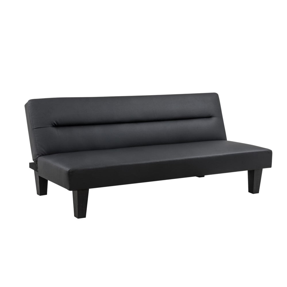 Black sofa bed with tufted backrest, padded seat, and tapered square legs