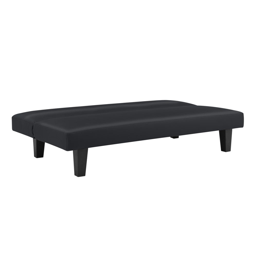 Black sofa bed with smooth cushioned back, padded seat, and tapered square legs