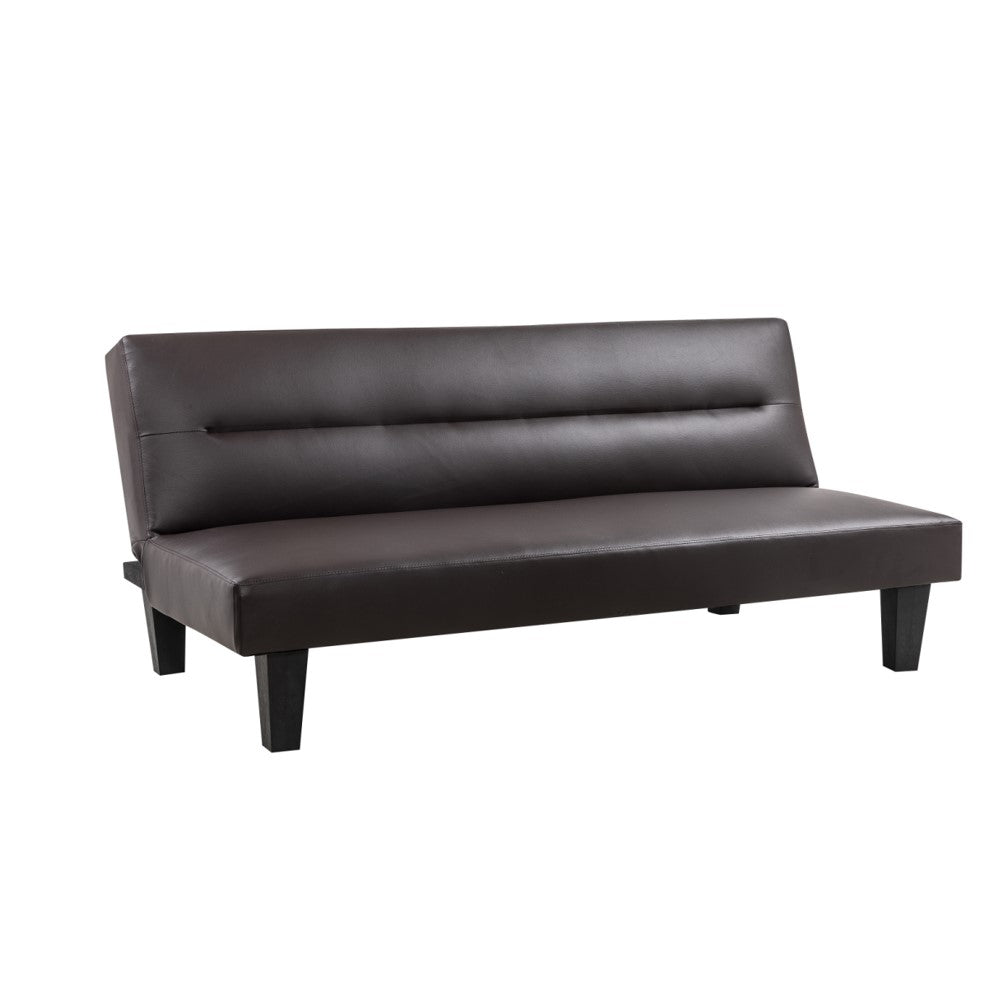 Dark brown sofa bed with tufted backrest, padded seat, and square legs