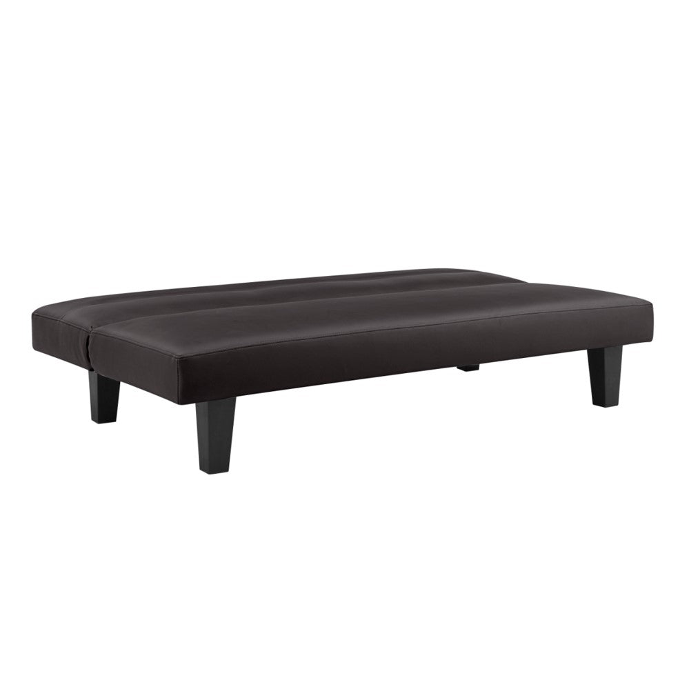Dark sofa bed with tufted backrest, padded seat, and square tapered legs