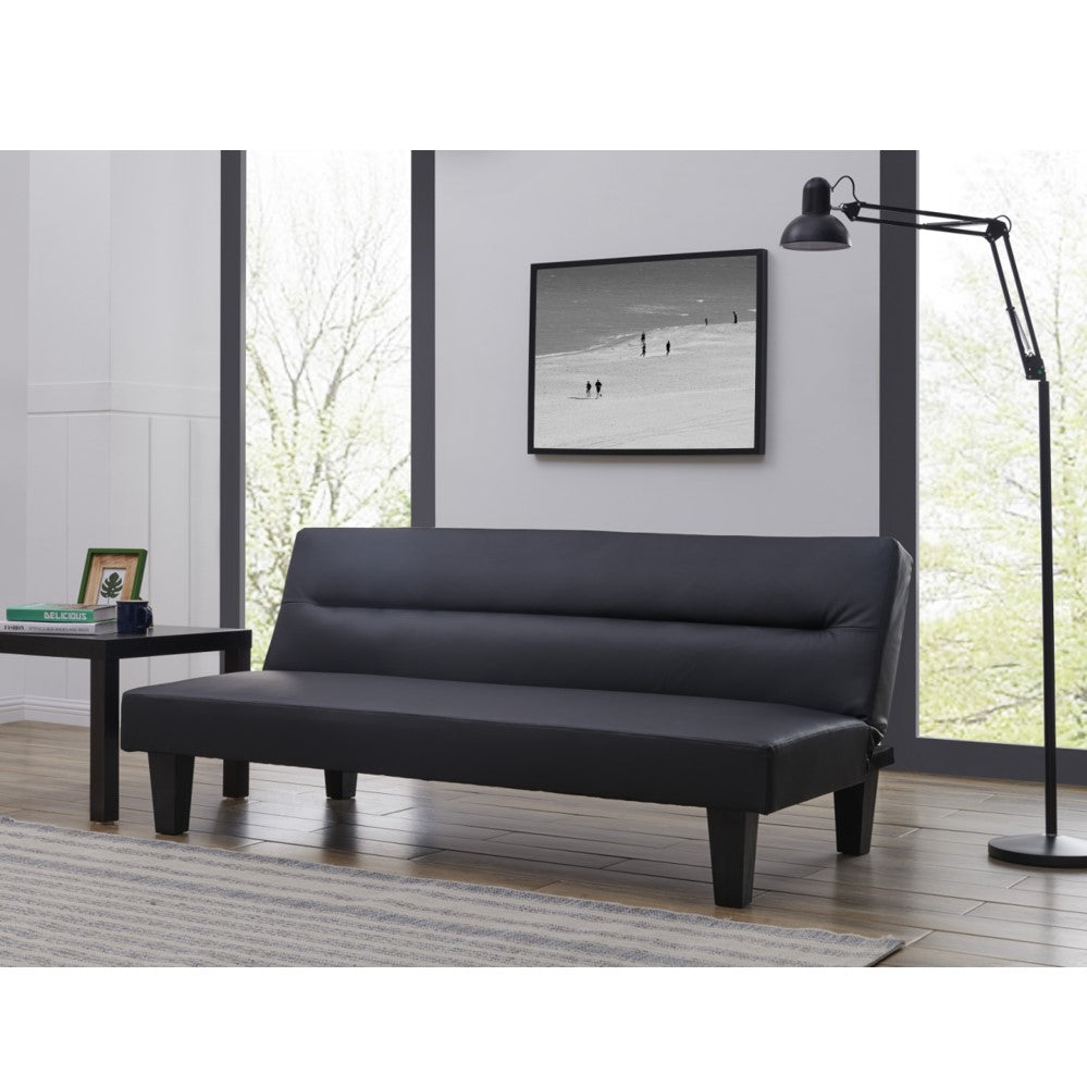 Dark sofa bed with cushioned backrest and padded seat on square legs