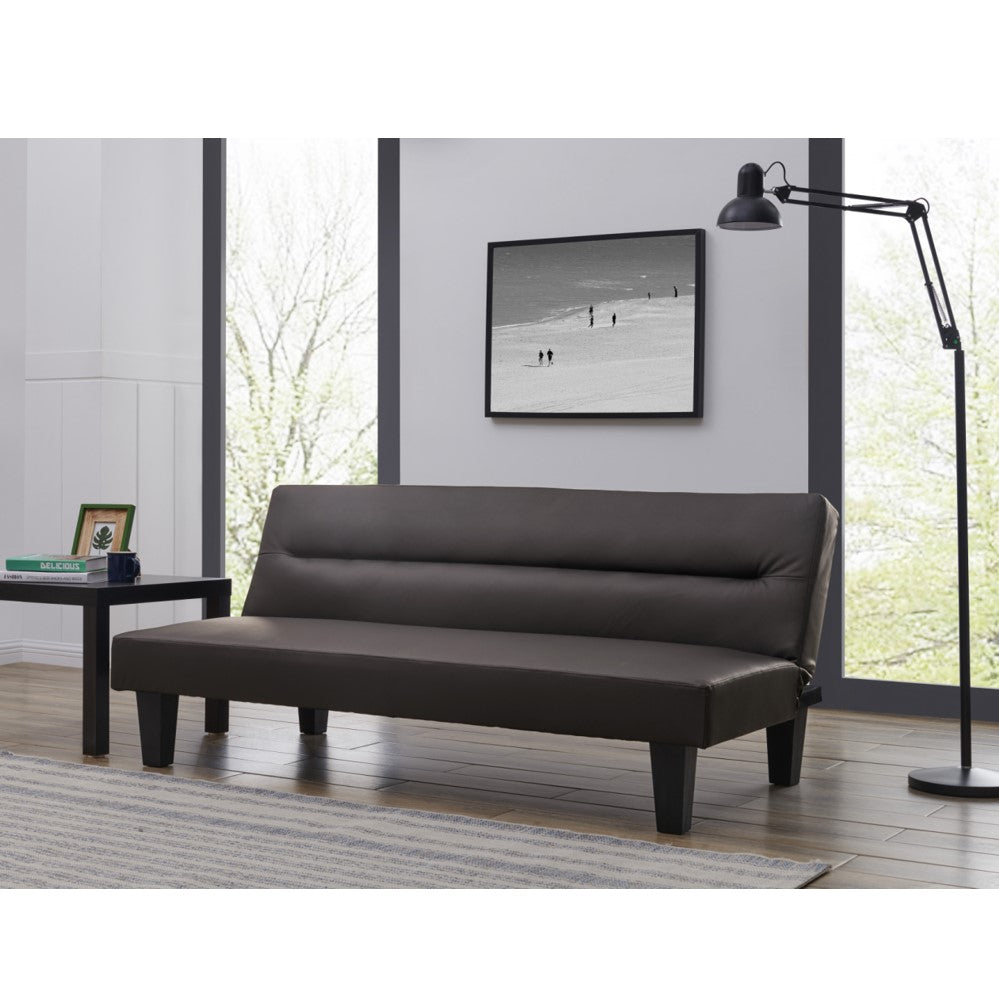 Dark sofa bed with cushioned backrest and padded seat on square legs