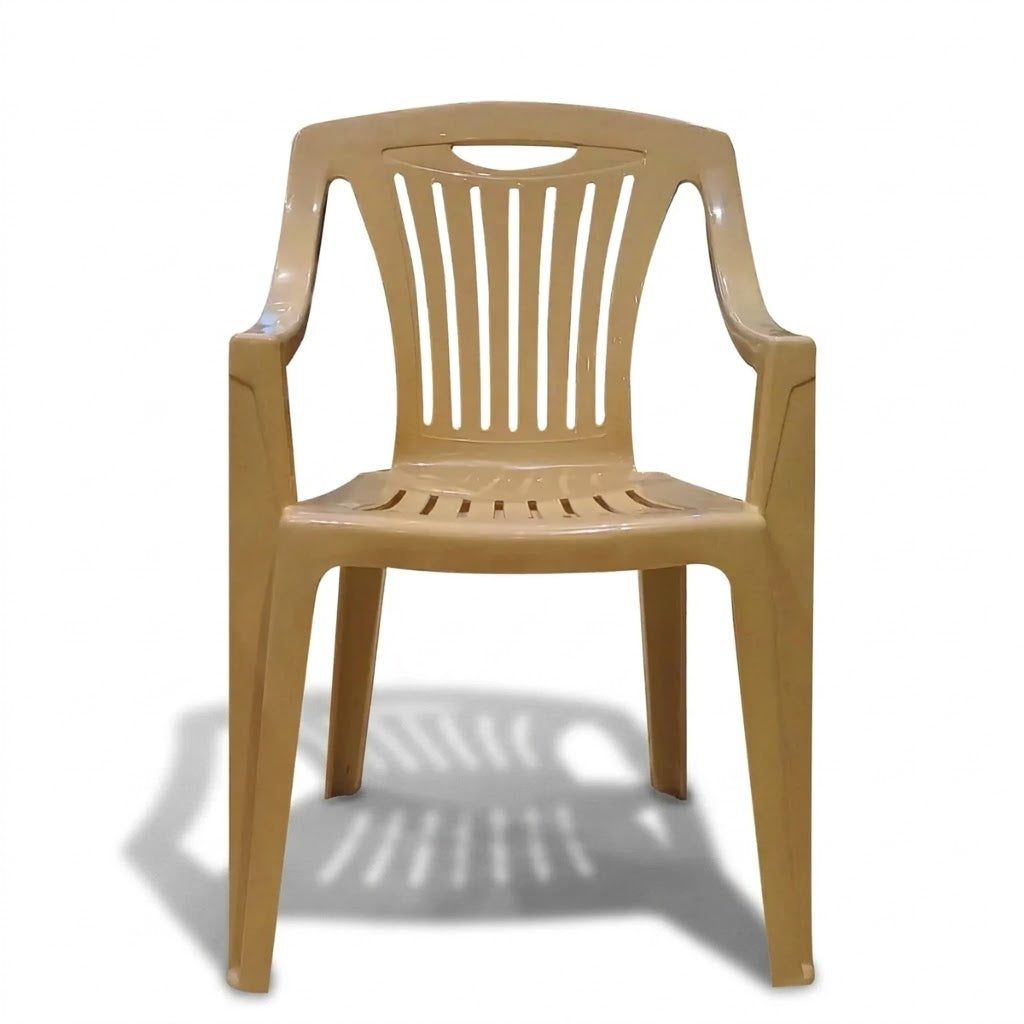 Light tan armchair with vertical slats on back and molded armrests