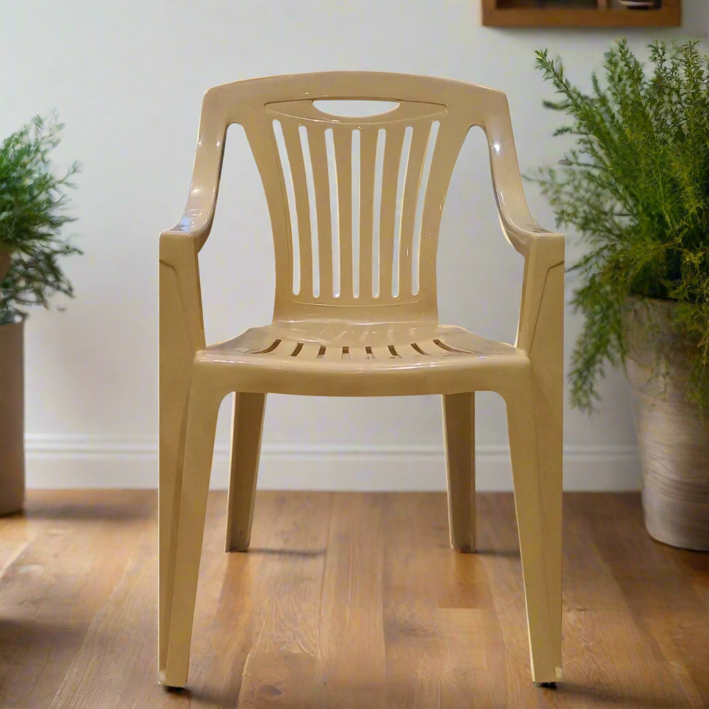 Light tan armchair with slatted back and armrests, solid seat