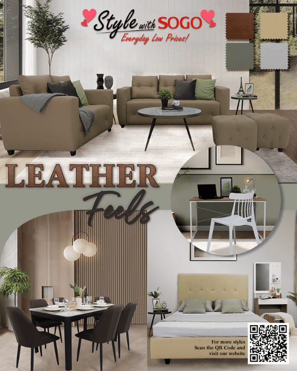 Furniture advertisement with SOGO branding, showcasing living room, dining, and bedroom sets.