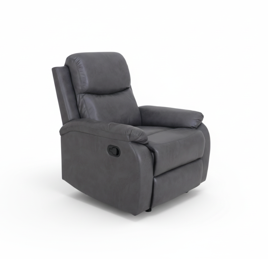 Dark grey upholstered recliner chair with padded headrest and armrests
