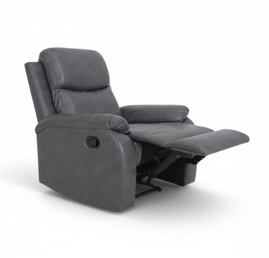 Dark grey upholstered recliner chair with extended footrest and recline mechanism