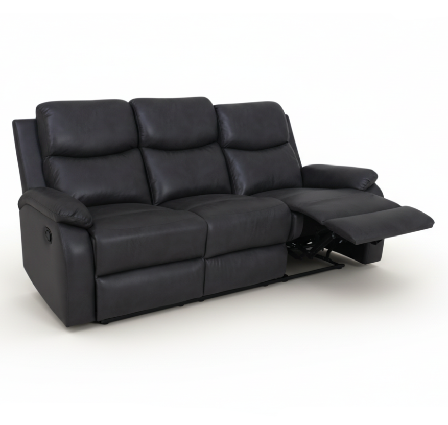 3-seat recliner sofa with dark upholstery, padded armrests, extendable footrests