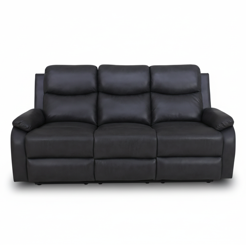 3-seat recliner sofa in dark upholstery, three seat cushions, padded backrest
