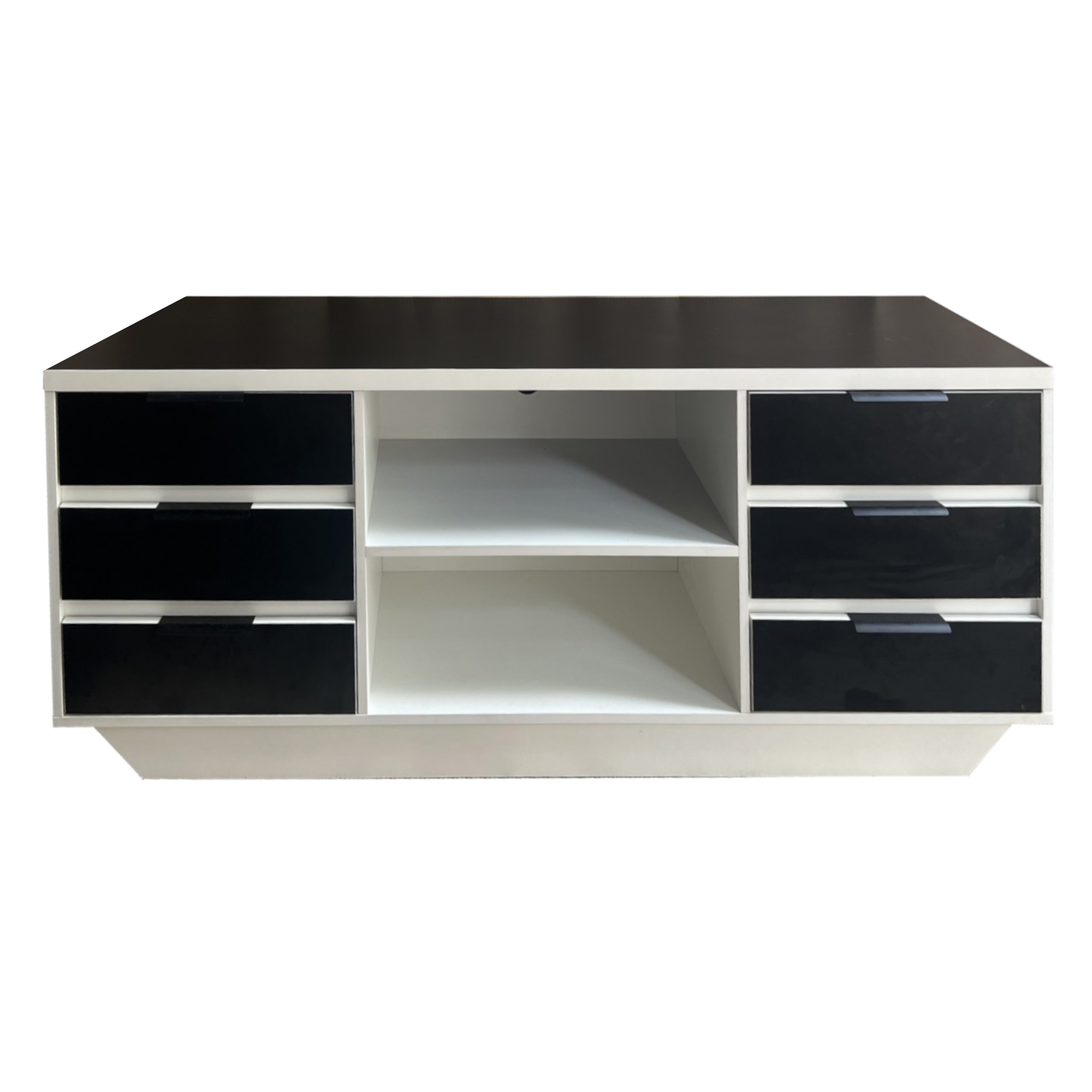 LONDON TV cabinet with black top, two drawer cabinets and open center shelves