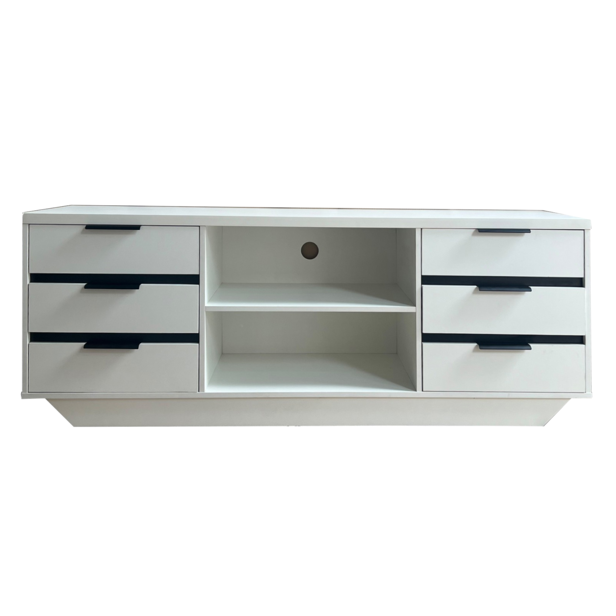 White TV console with open center shelf and four drawer compartments