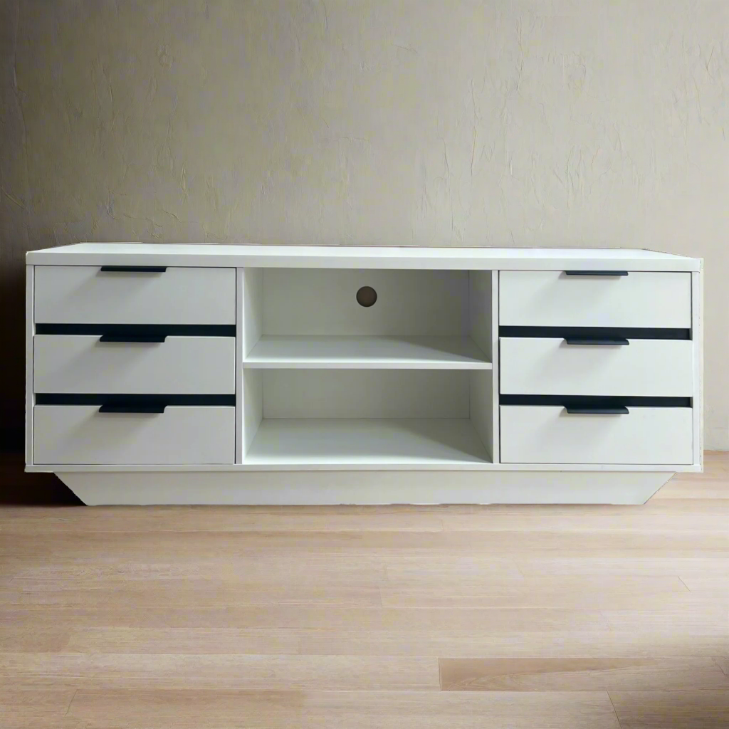 White media console with open middle cubby and four drawers on the sides
