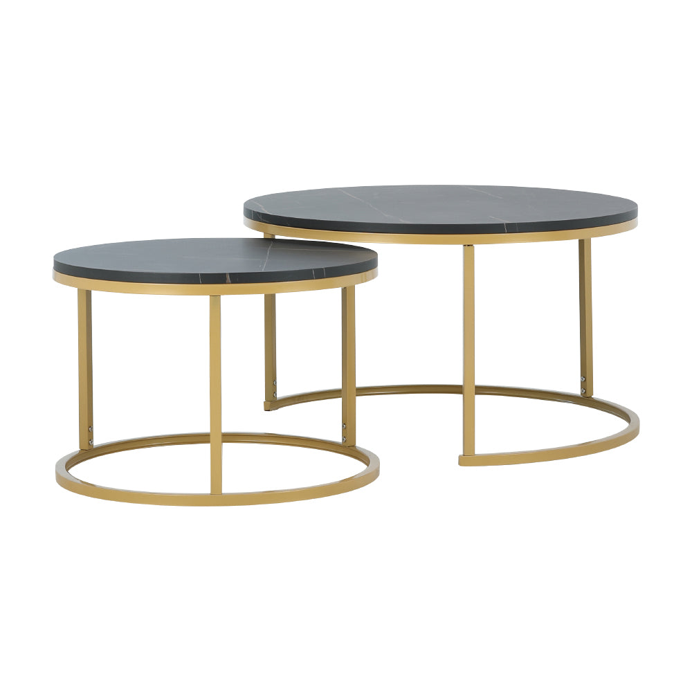 Nesting table set with two round dark gray tops and gold curved base frames