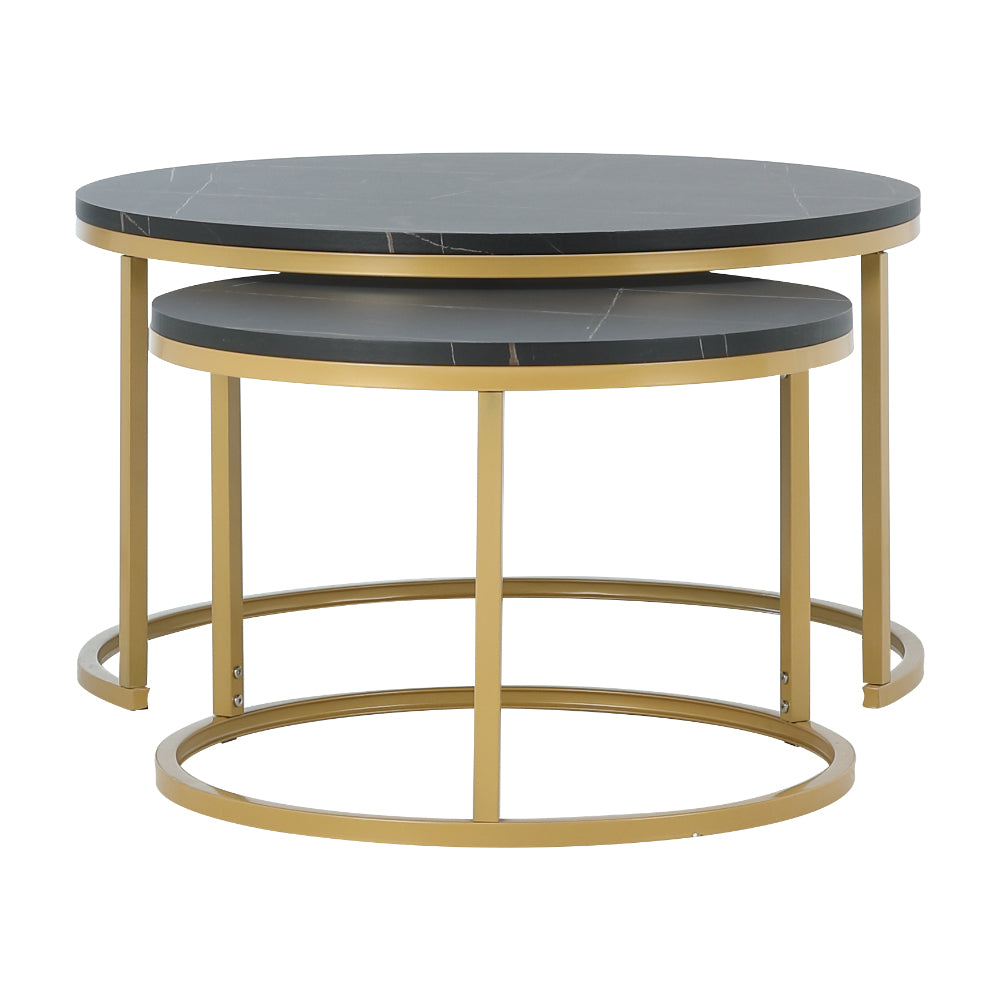 Nesting table set with two round dark gray marble-look tops and gold legs