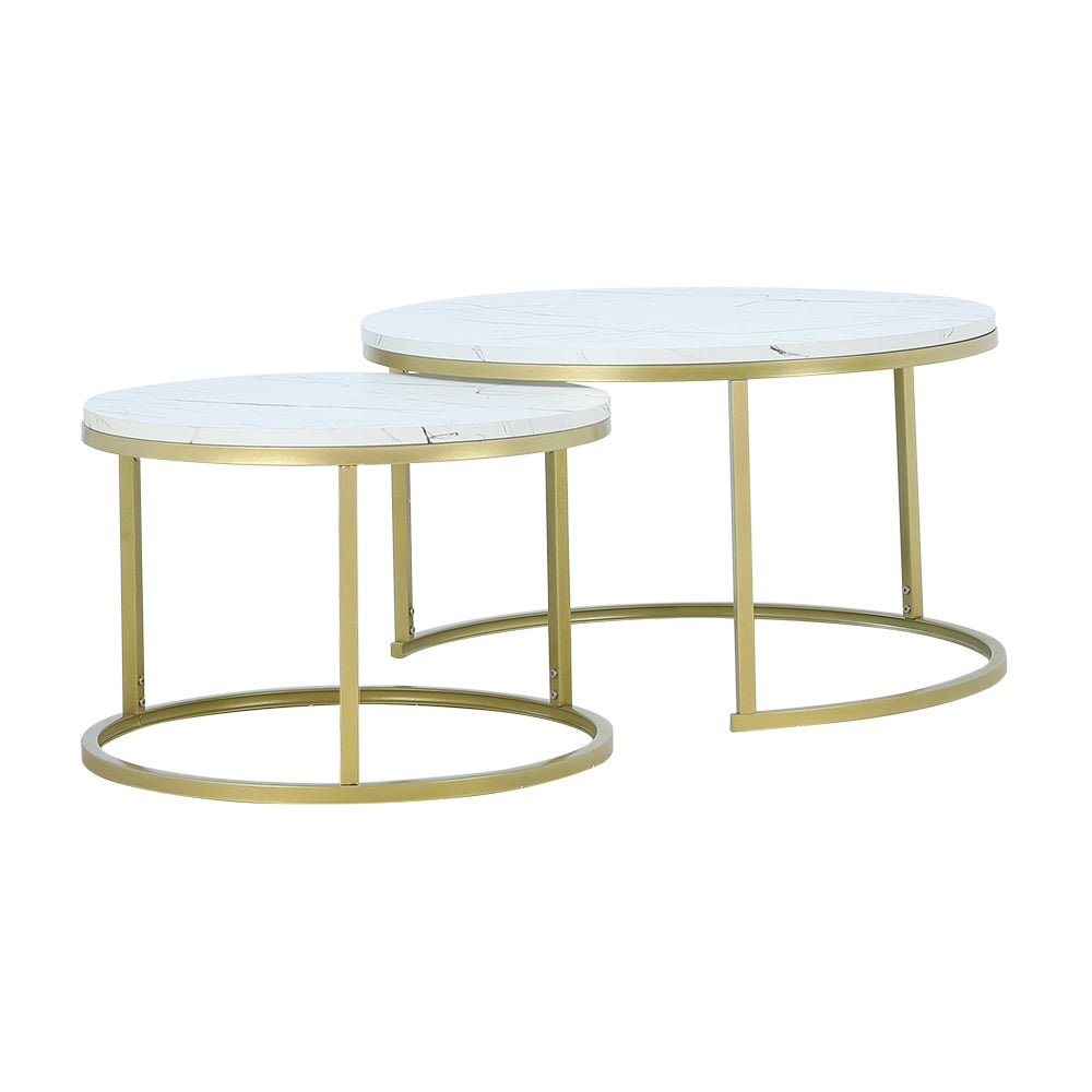 Round nesting coffee tables, two-piece set, white marble-look surfaces with gold bases