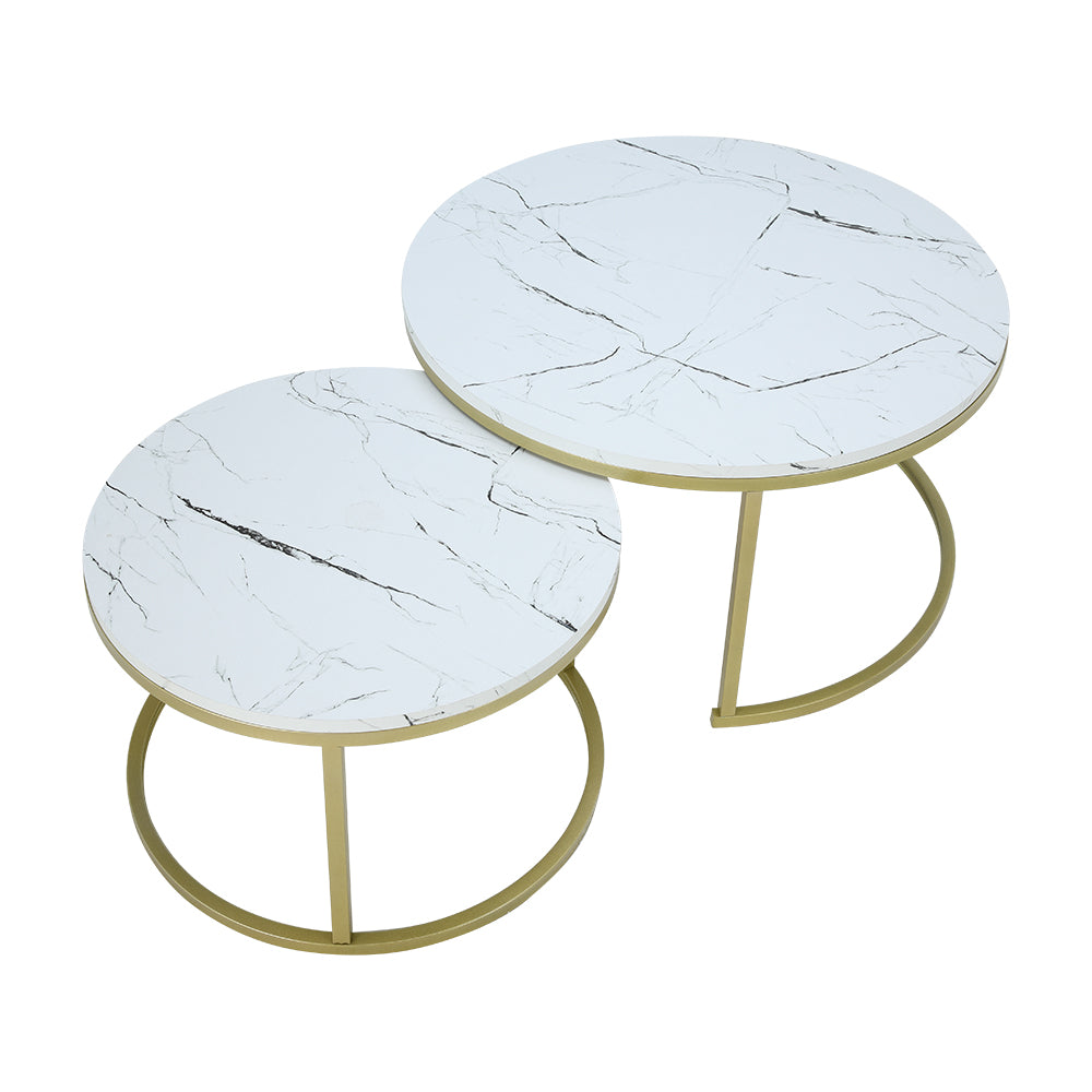 Nesting round tables set of 2 with white marble-look tops and gold metal frames
