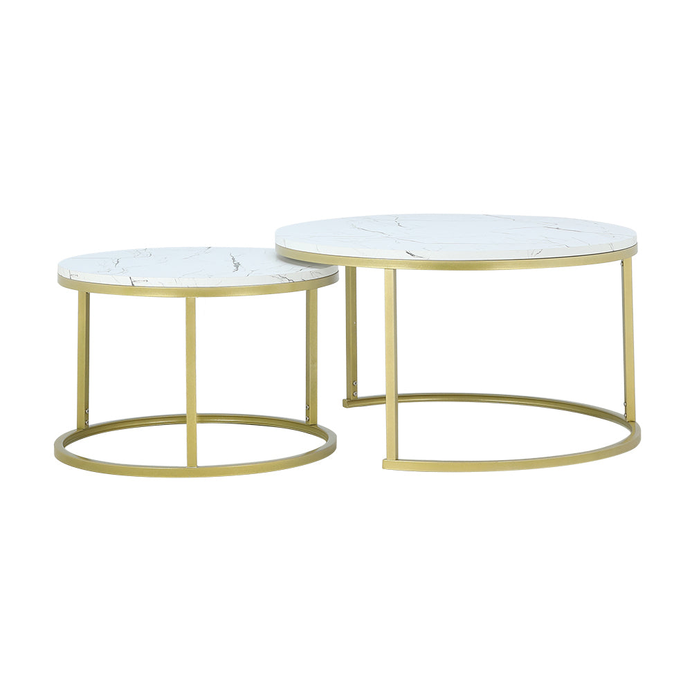 Two-tier nesting table set with white marble-look round tops and gold curved bases