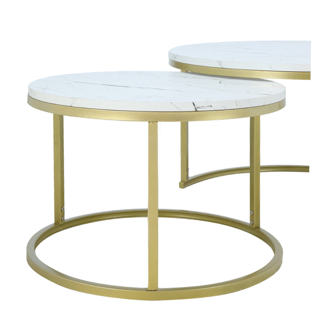 Single round coffee table with white marble-look top and gold frame with circular base