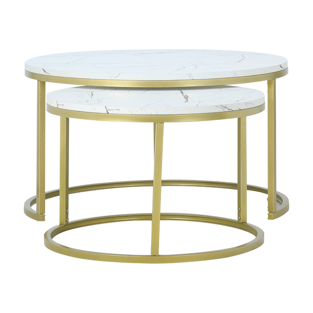 Nesting round coffee tables set with white marble-look top layers and gold metal support