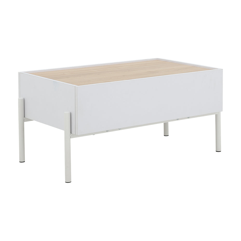 White and light-wood center table with drawer front and tapered legs