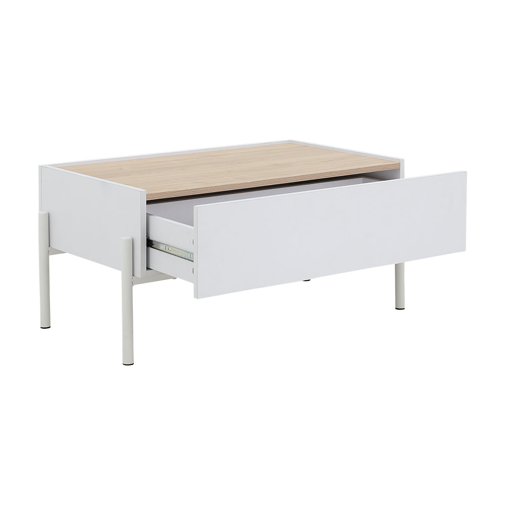 White center table with pull-out drawer and light-wood top, side view
