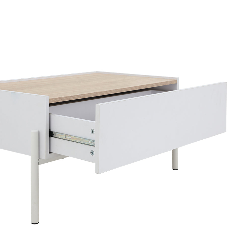 White center table with sliding drawer hardware and light-wood top