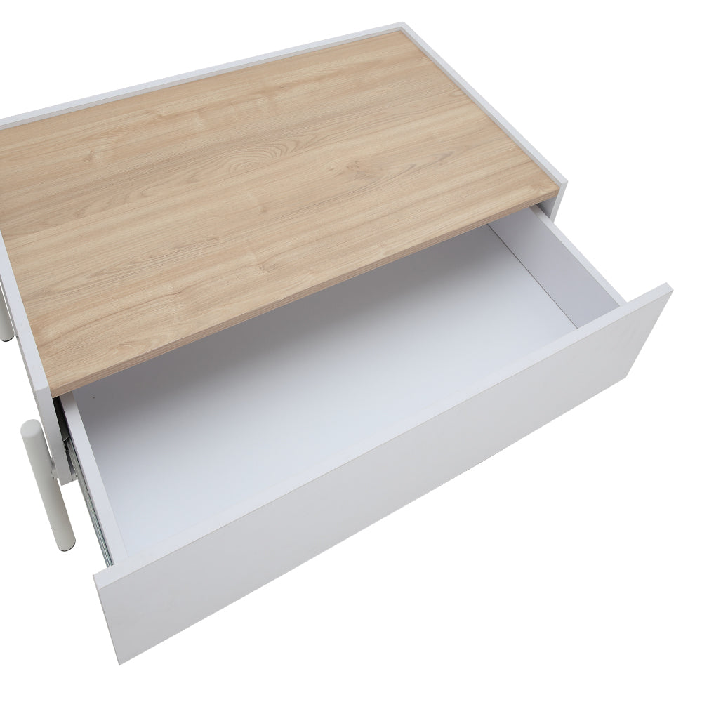 White center table with open drawer interior and light-wood tabletop