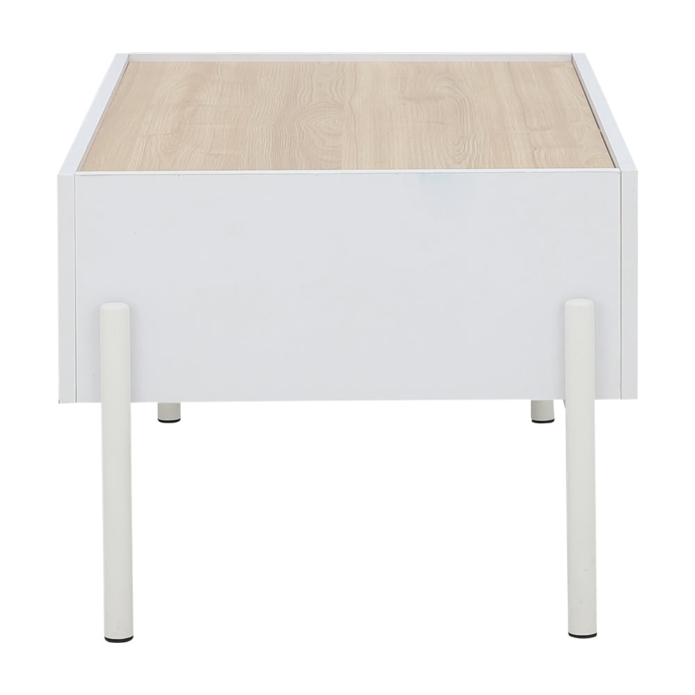 White center table with light-wood top panel and rounded feet, front view