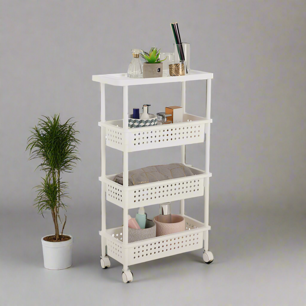 White 4-tier storage trolley with perforated shelves and caster wheels