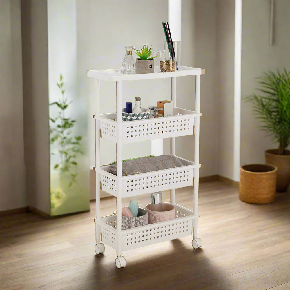 White 4-tier storage trolley with perforated shelves and caster wheels