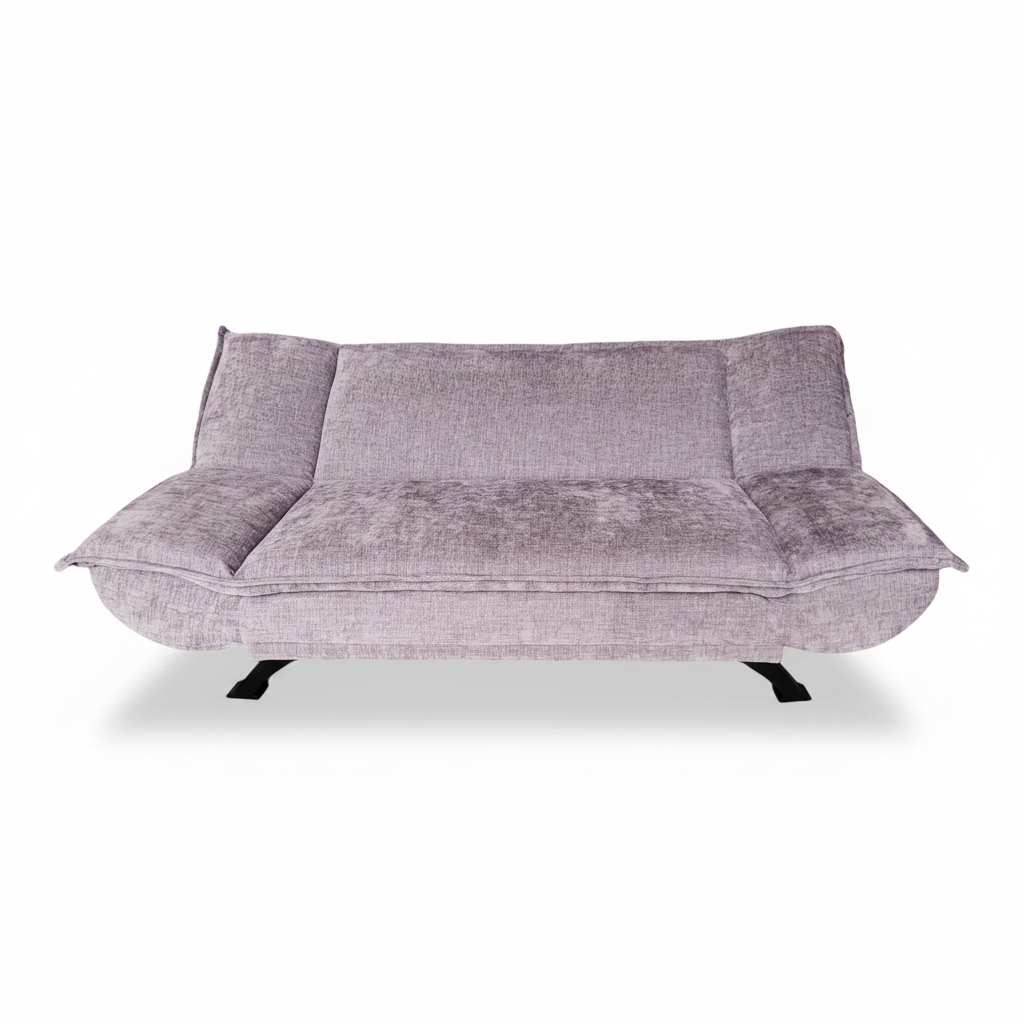 Lavender fabric sofa bed with wide backrest and two side cushions, folded seat