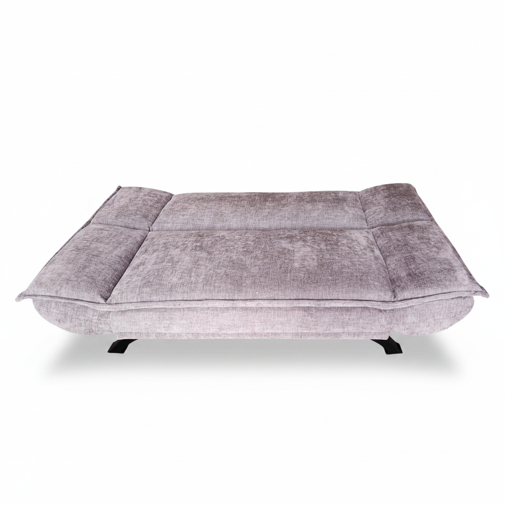 Lavender fabric sofa bed with extended seat base and two bolsters, low legs