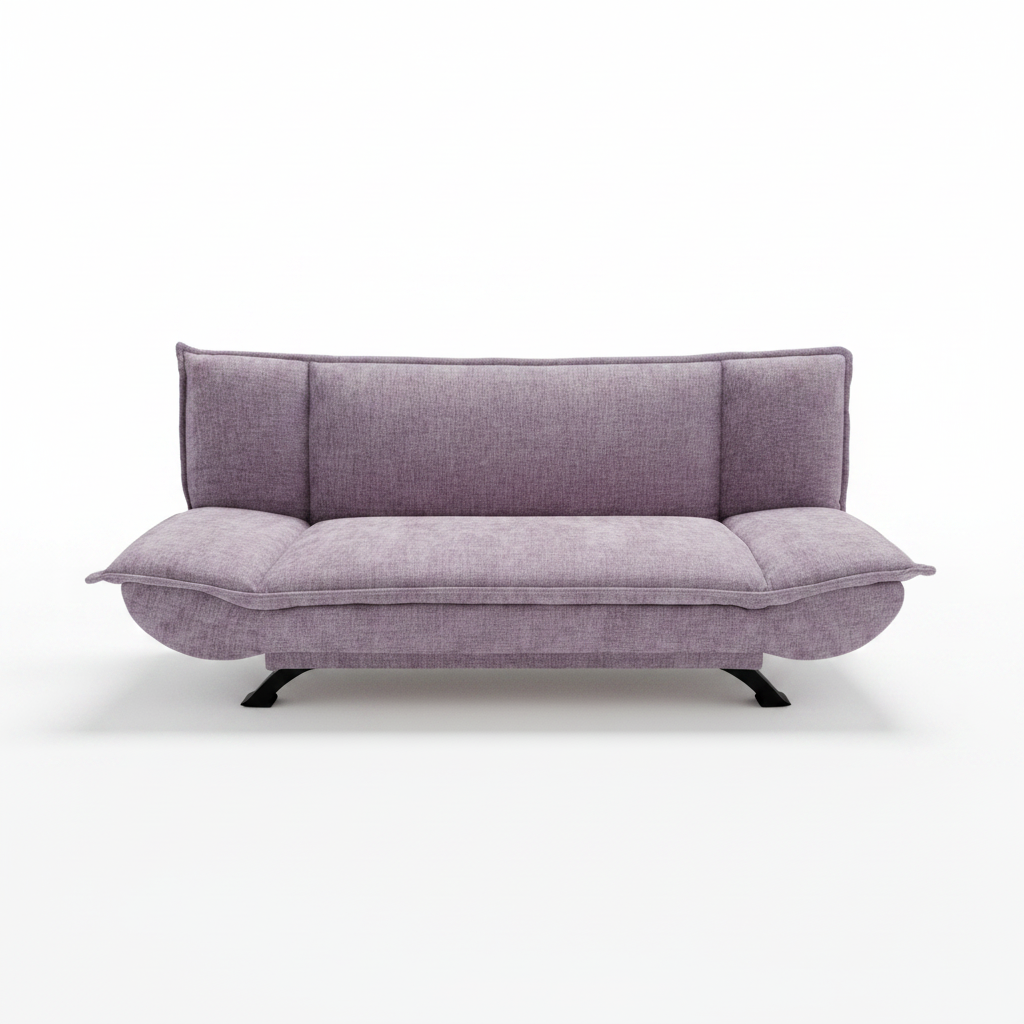 Lavender fabric sofa bed with backrest and cushioned seat, open fold-down panel
