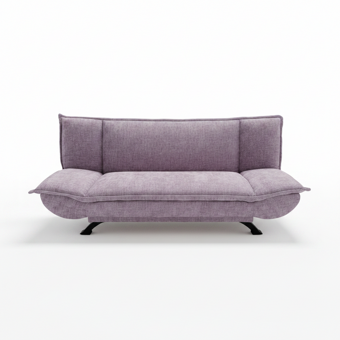 Lavender fabric sofa bed with backrest and cushioned seat, open fold-down panel