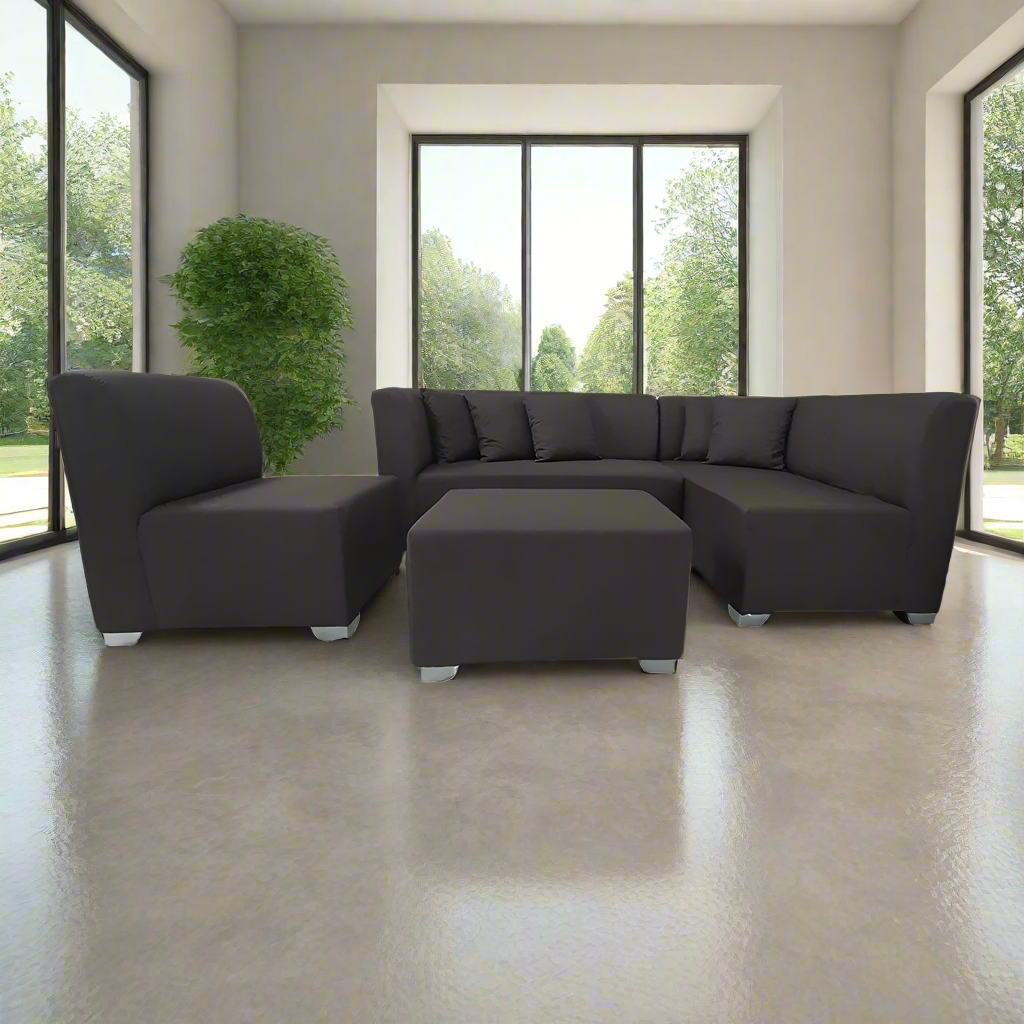 Dark gray L-shape sofa with center ottoman and chaise side arm