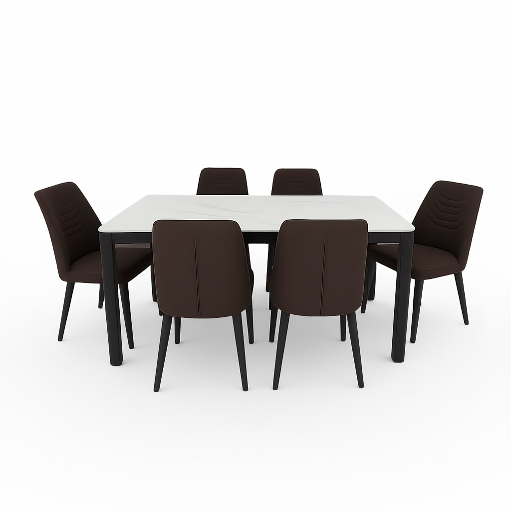 6-seat dining set: white marble table with dark brown upholstered chairs