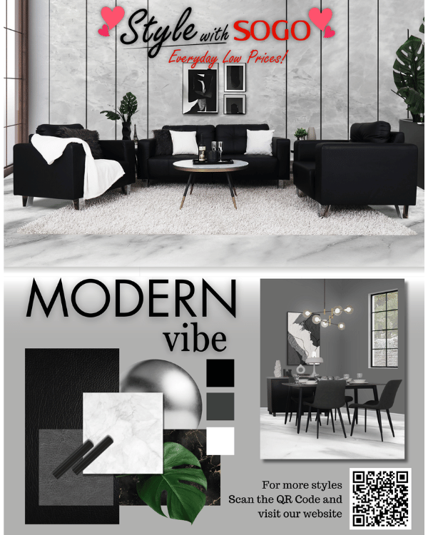 Modern living room with black sofa and decor, featuring Sogo brand.