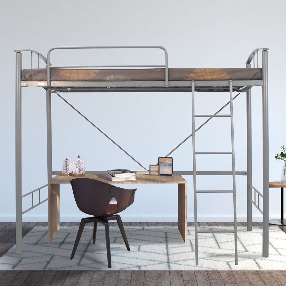 Loft bed with guardrails and front ladder, light gray metal frame, wood slat top