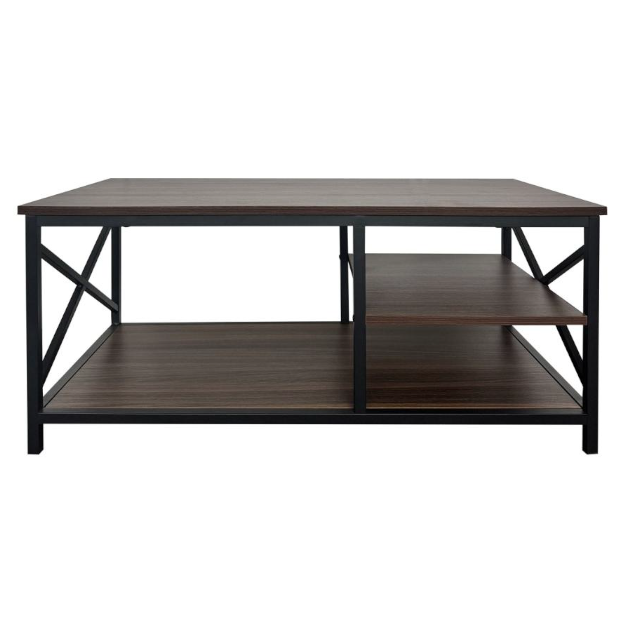Dark wood center table with black metal frame, flat top and two open shelves