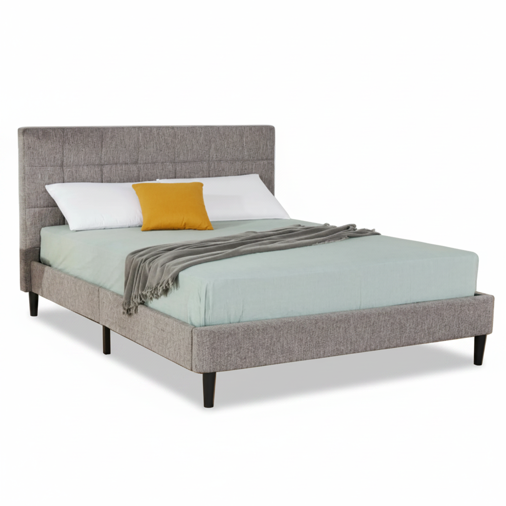 MONACO queen bed, gray upholstered frame with black legs, light aqua cover, white & yellow pillows